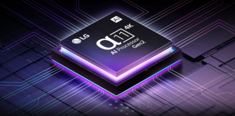 Obraz przedstawia procesor z napisem \'LG α11 AI Processor 4K Gen2\'. Procesor jest umieszczony na tle schematu elektronicznego.