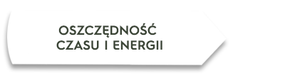 Biały kształt z zaokrąglonymi krawędziami zawiera tekst: \'OSZCZĘDNOŚĆ CZASU I ENERGII\'.