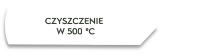 Biały kształt strzałki z tekstem \'CZYSZCZENIE W 500 °C\'.