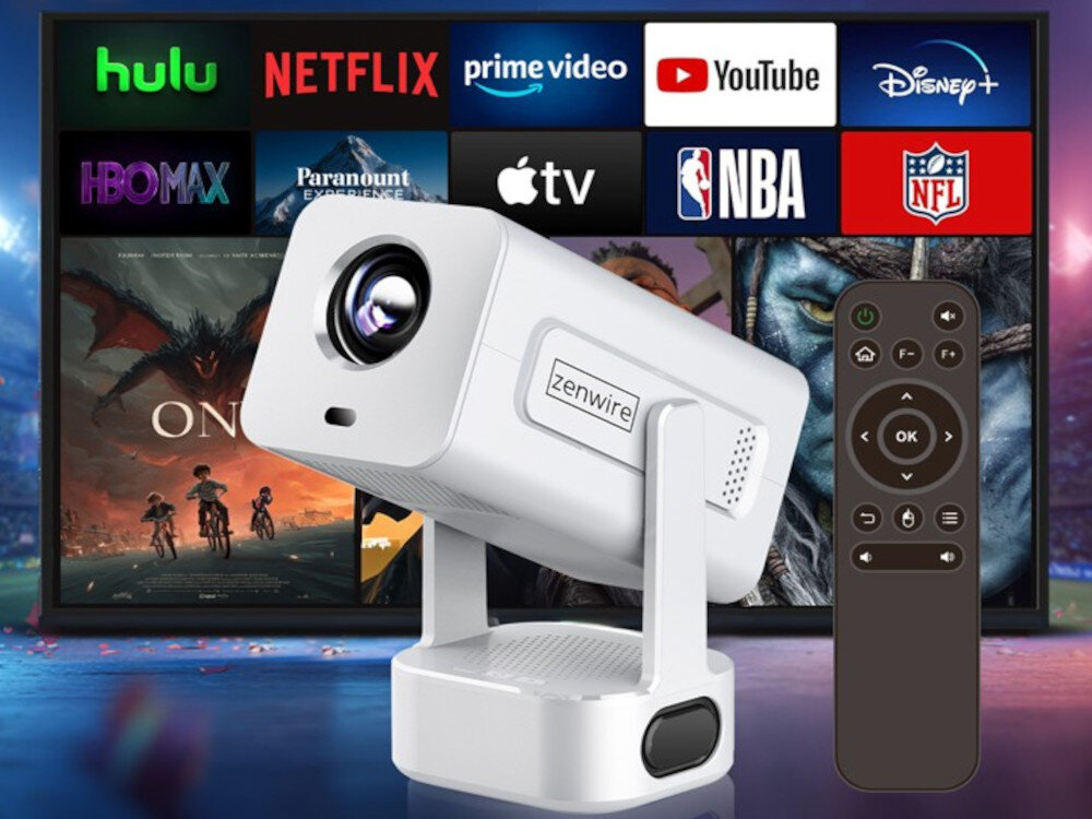 Na pierwszym planie znajduje się biały projektor z napisem \'zenwire\' oraz pilot z przyciskami. W tle widoczne są loga serwisów streamingowych, takich jak hulu, NETFLIX, prime video, YouTube, Disney+, HBO MAX, Paramount+, Apple TV, NBA i NFL.
