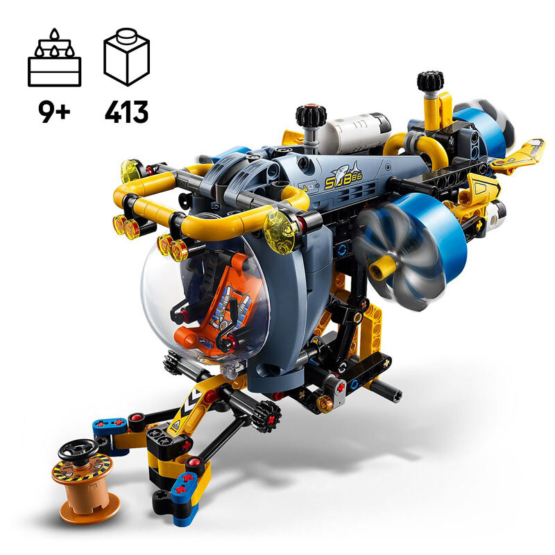 Model LEGO przedstawiający badawczą łódź podwodną z widocznymi elementami konstrukcyjnymi w kolorach żółtym, niebieskim i czarnym. Obok modelu znajdują się ikony wskazujące wiek 9+ i liczbę elementów 413.