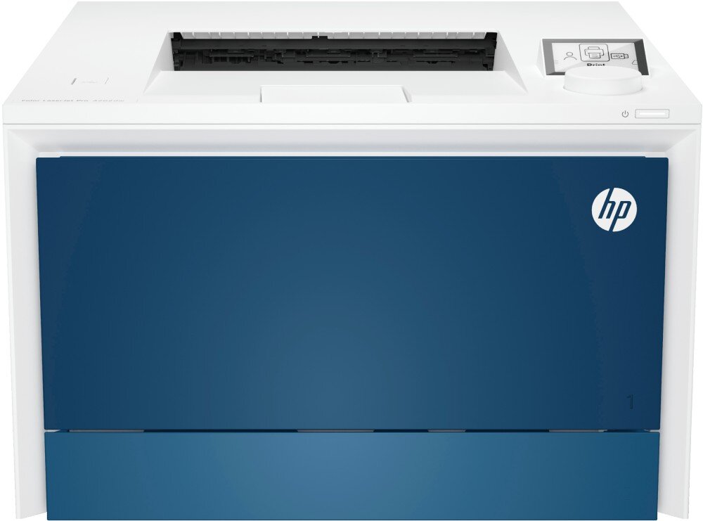 Na obrazie widoczna jest drukarka z białą obudową i niebieskim panelem frontowym, z logo \'hp\' w prawym górnym rogu. Na górze znajduje się panel sterowania z przyciskami i wyświetlaczem.