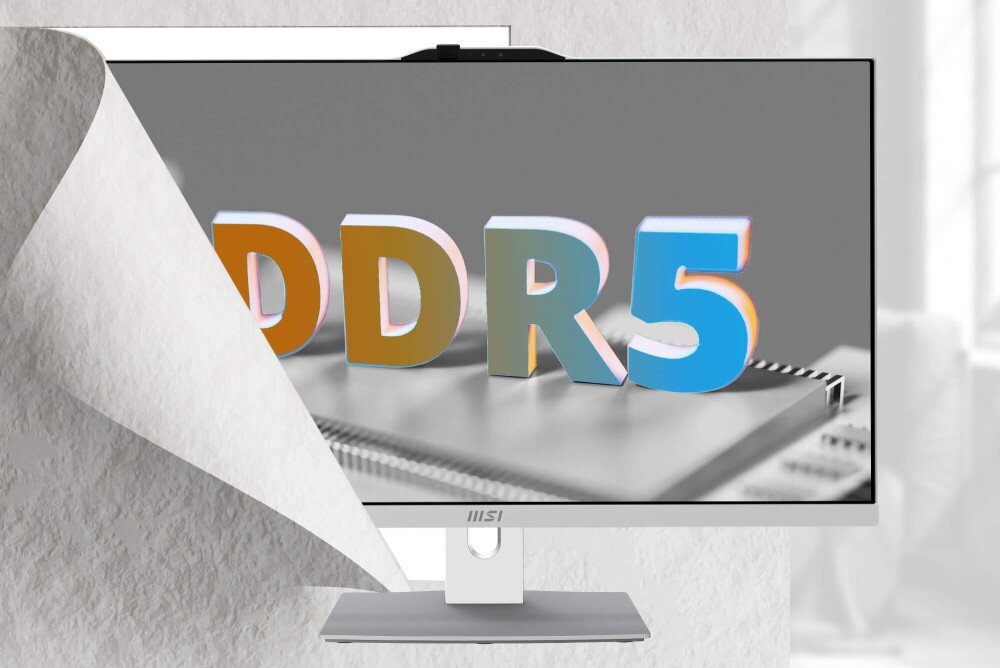 Monitor komputera wyświetla kolorowy napis \'DDR5\' na tle szarego układu scalonego. Na dolnej ramce monitora widoczne jest logo \'MSI\'.