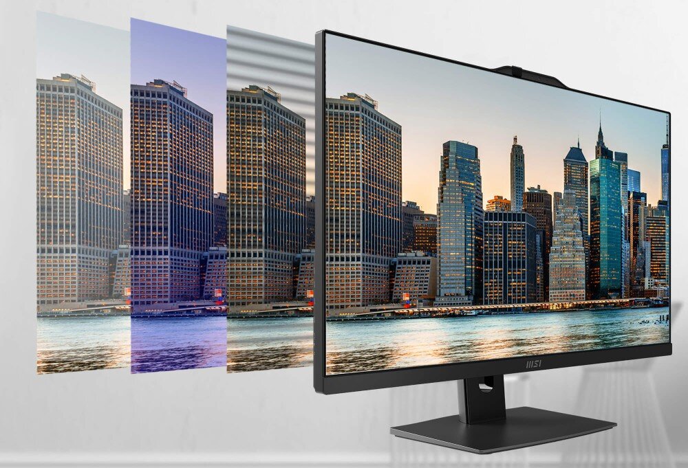 Na obrazie widoczny jest monitor komputerowy z wyświetlanym widokiem miejskim z wieżowcami odbijającymi się w wodzie. Logo \'MSI\' znajduje się na dolnej ramce monitora.