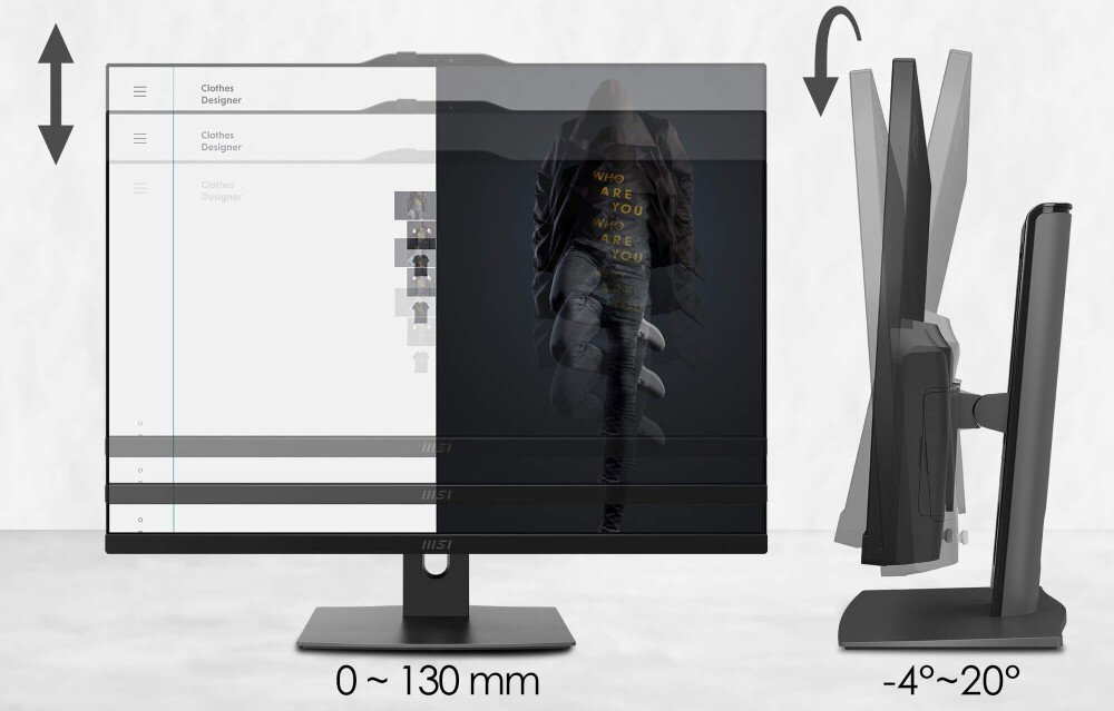 Obraz przedstawia komputer All in One z regulacją wysokości od 0 do 130 mm i kątem nachylenia od -4° do 20°. Na ekranie widoczny jest interfejs aplikacji do projektowania ubrań oraz logo MSI.