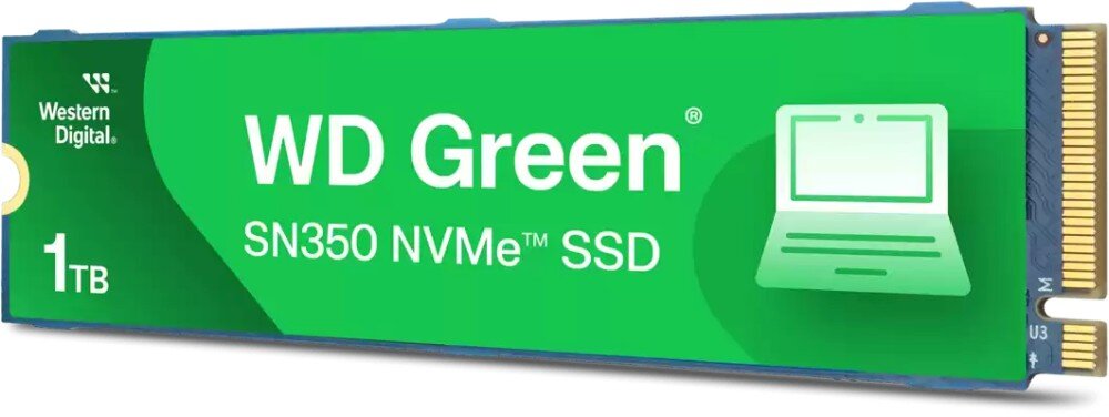 Zielony dysk SSD z napisem \'WD Green SN350 NVMe SSD 1TB\' oraz logo Western Digital.