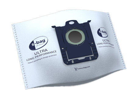 Na obrazie widoczny jest worek do odkurzacza z napisem \'s-bag ULTRA LONG PERFORMANCE\'. W tle znajduje się adres strony internetowej \'www.s-bag.com\'.