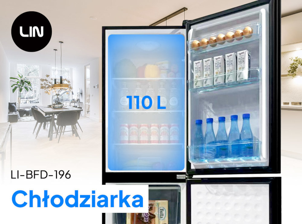 Grafitowa lodówka LIN LI-BFD196 o wysokości 162.5 cm z otwartymi drzwiami, ukazująca wnętrze z półkami wypełnionymi produktami spożywczymi. Na obrazie widoczny jest napis \'110 L\' oraz logo LIN.