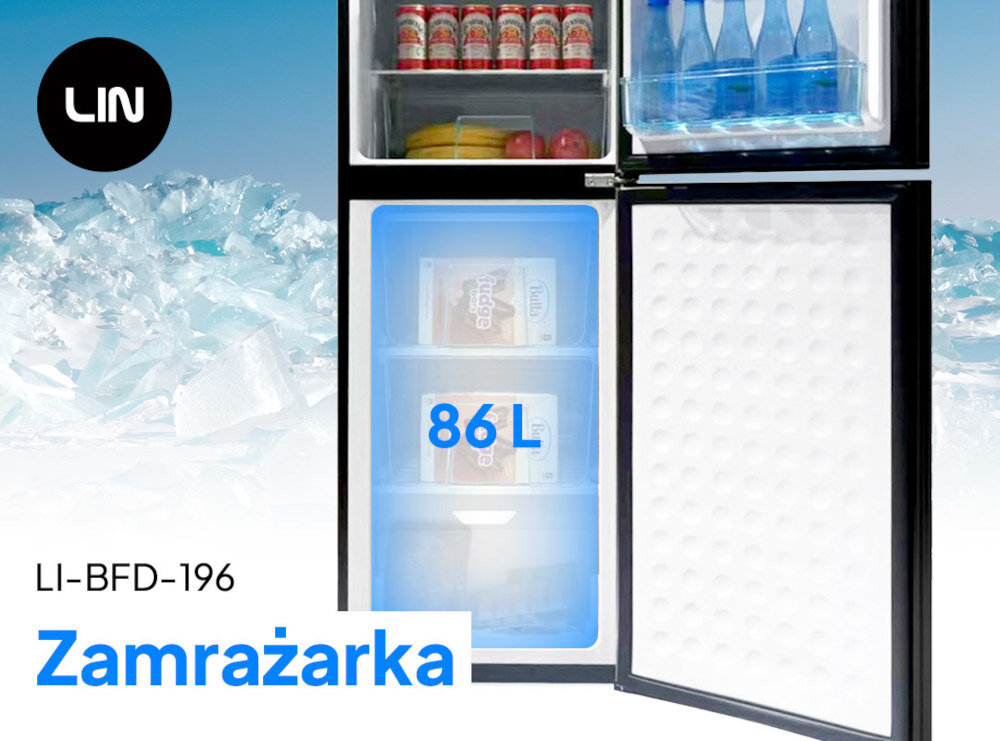 Obraz przedstawia otwartą lodówkę z widocznymi produktami spożywczymi, takimi jak napoje, banany i jabłka. Na dole znajduje się zamrażarka z napisem \'86 L\', a obok widnieje tekst \'Zamrażarka\' oraz \'LI-BFD-196\'.