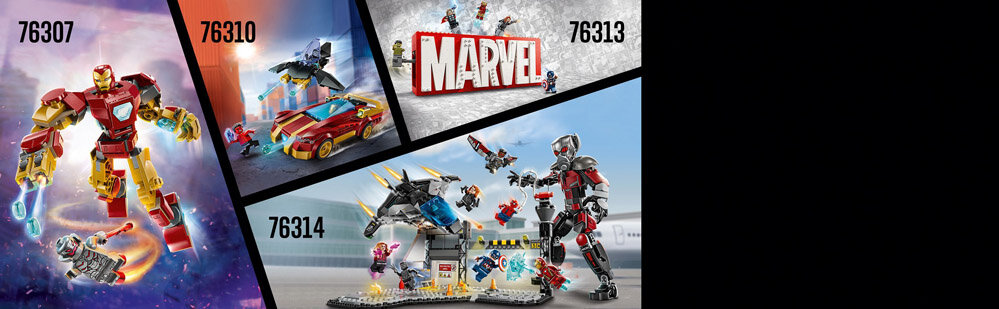Obraz przedstawia cztery zestawy LEGO z serii Marvel, w tym figurki i pojazdy. Widoczne są numery zestawów: 76307, 76310, 76313, 76314 oraz logo Marvel.