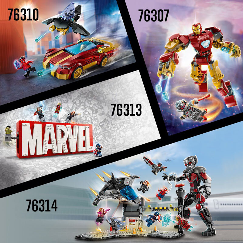 Obraz przedstawia cztery zestawy LEGO z serii Marvel, każdy z numerem katalogowym: 76310, 76307, 76313, 76314. Widoczne są różne sceny z figurkami i pojazdami, a na jednym z nich znajduje się duży napis \'MARVEL\'.