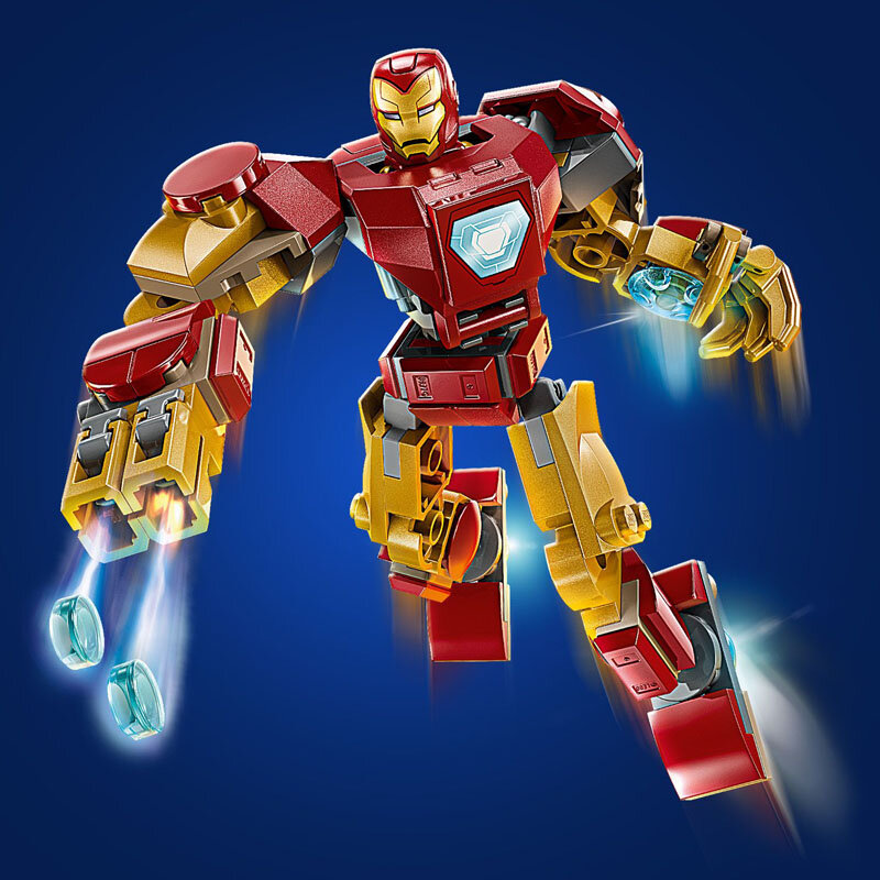 Na obrazie widoczna jest figurka LEGO przedstawiająca mecha w czerwono-złotej zbroi z niebieskimi elementami świetlnymi na tle niebieskiego gradientu.