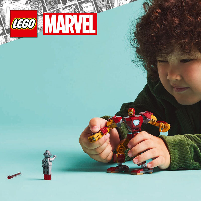 Na obrazie widoczne są figurki LEGO przedstawiające Iron Mana i Ultrona na tle jasnoniebieskiej powierzchni. W lewym górnym rogu znajduje się logo LEGO i MARVEL.