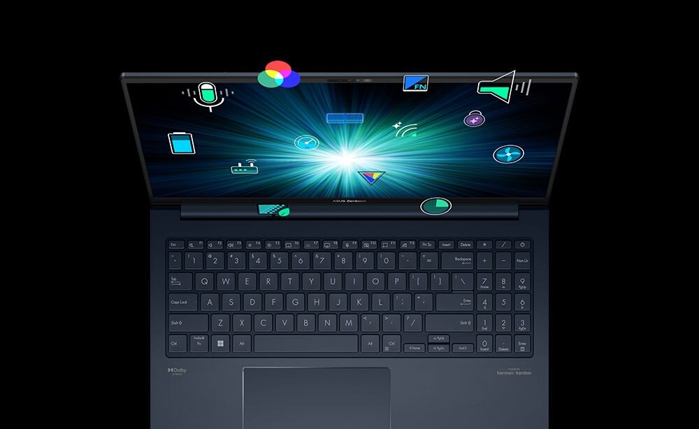 Laptop z otwartym ekranem, na którym widoczne są kolorowe ikony i efekt świetlny. Klawiatura jest czarna z wyraźnie zaznaczonymi klawiszami funkcyjnymi.