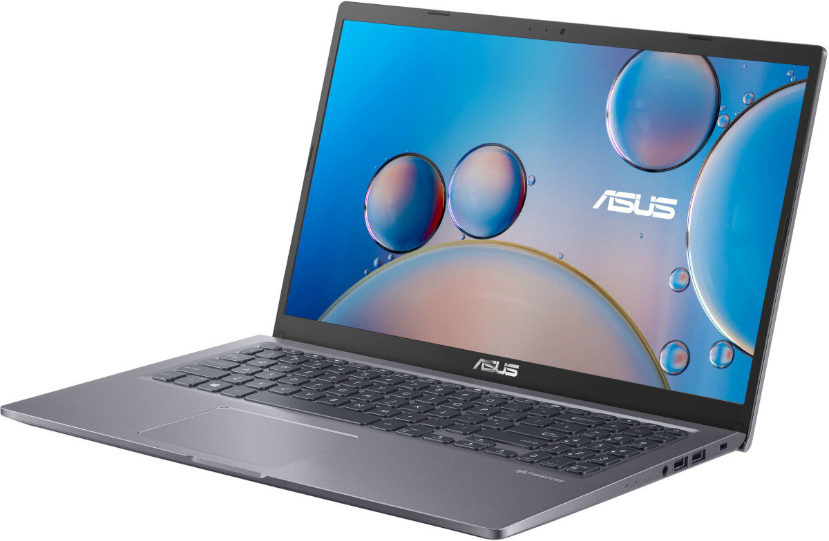 Laptop z otwartym ekranem, na którym widoczne są kolorowe bąbelki i logo ASUS. Klawiatura jest pełnowymiarowa, a obudowa ma metaliczny kolor.