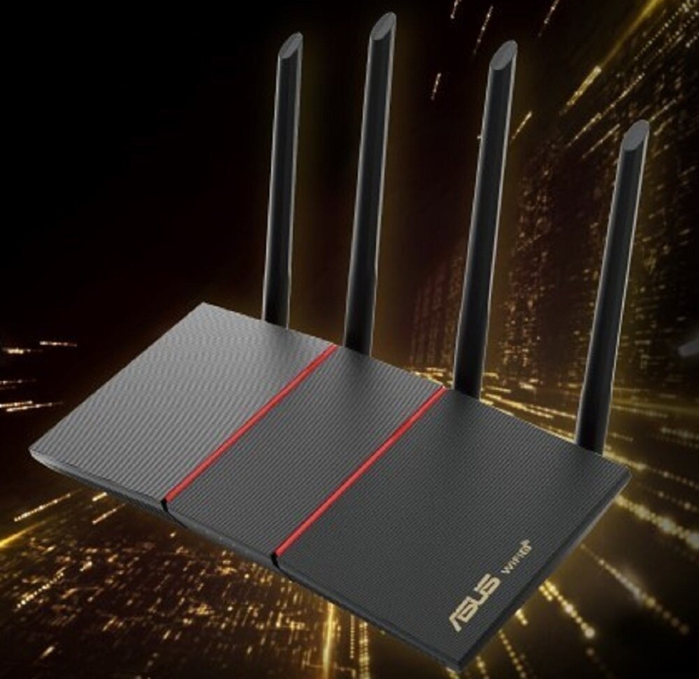 Czarny router z czterema antenami, z czerwonymi liniami na obudowie i logo \'ASUS WiFi 6\'. Tło jest ciemne z jasnymi, rozmytymi liniami przypominającymi światła miasta.