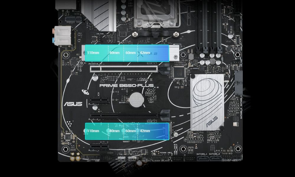 Obraz przedstawia płytę główną z oznaczeniem \'PRIME B650-PLUS\' oraz logo \'ASUS\'. Widoczne są różne złącza i komponenty elektroniczne na czarnym tle z białymi liniami.