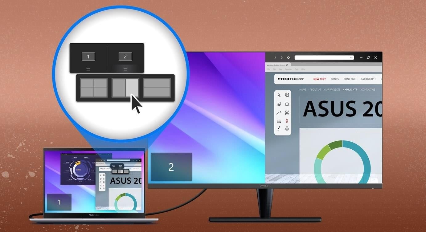 Obraz przedstawia laptop i monitor z wyświetlonymi różnymi aplikacjami, a w powiększeniu pokazany jest schemat podziału ekranu na dwa okna. Na monitorze widoczny jest tekst \'ASUS 20\' oraz wykres kołowy, a na laptopie różne aplikacje i elementy interfejsu.