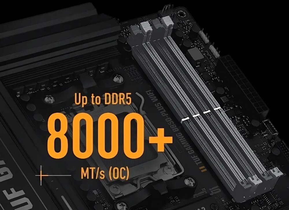 Obraz przedstawia fragment płyty głównej z widocznymi slotami na pamięć RAM. Na obrazie znajduje się tekst: \'Up to DDR5 8000+ MT/s (OC)\'.