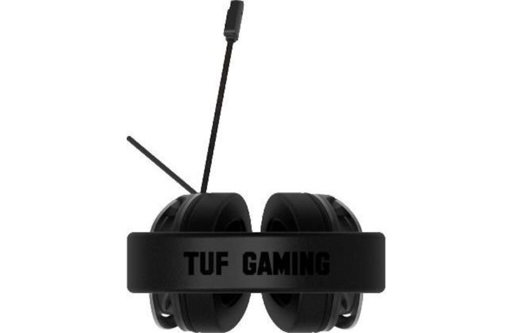 Czarne słuchawki nauszne z mikrofonem, na pałąku widoczny napis \'TUF GAMING\'.