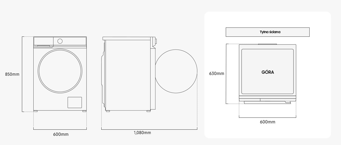 pralko-suszarka Samsung wd11db7b85gbu4 wymiary Schematyczny rysunek pralki z wymiarami: wysokość 850 mm, szerokość 600 mm, głębokość 1080 mm. Widoczny napis \'GÓRA\' oraz \'Tylna ściana\'.