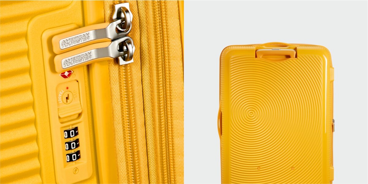 Walizka AMERICAN TOURISTER SoundBox 67 cm zamek bok tył suwak Bezpieczne podróżowanie wbudowany 3 cyfrowy zamek bezpieczeństwo ochrona bagażu bezpieczeństwo wymiary 67 x 46,5 x 29/32 cm