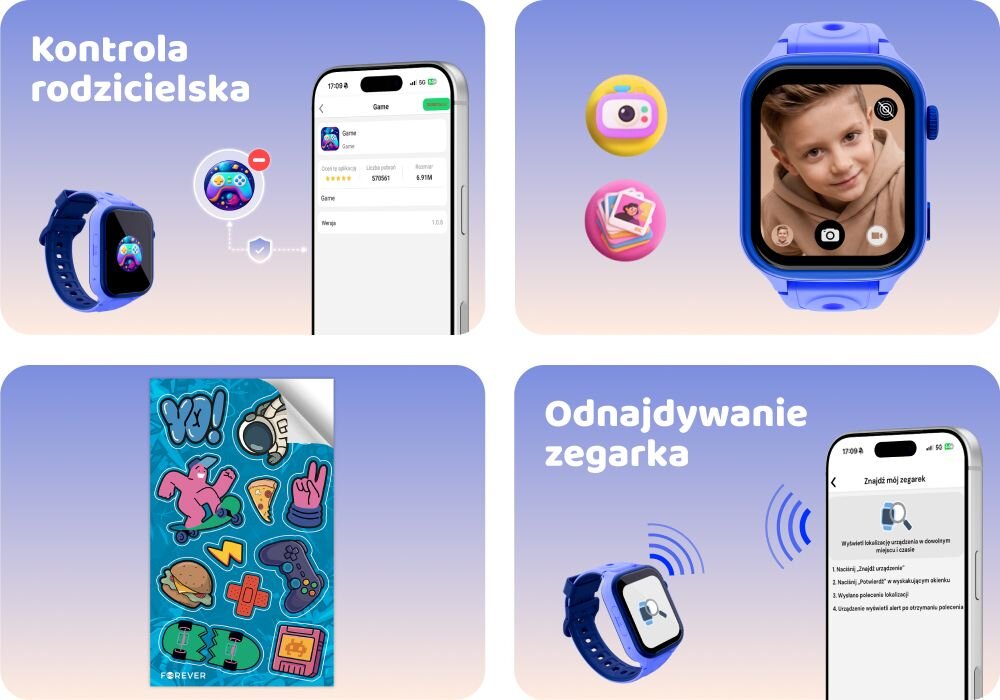 FOREVER Kids KW-540 kontrola rodzicielska odnajdywanie zegarka aplikacje