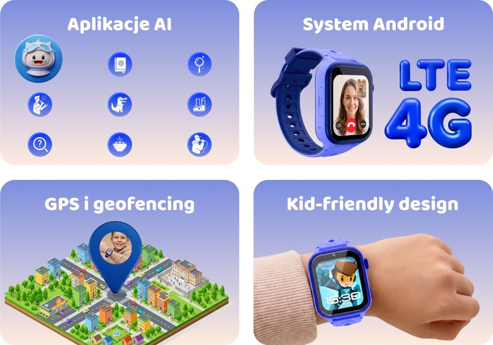 FOREVER Kids KW-540 smartwatch dziecięcy GPS kontakt lokalizacja nauka AI