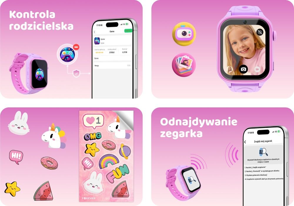 FOREVER Kids KW-540 kontrola rodzicielska odnajdywanie zegarka aplikacje