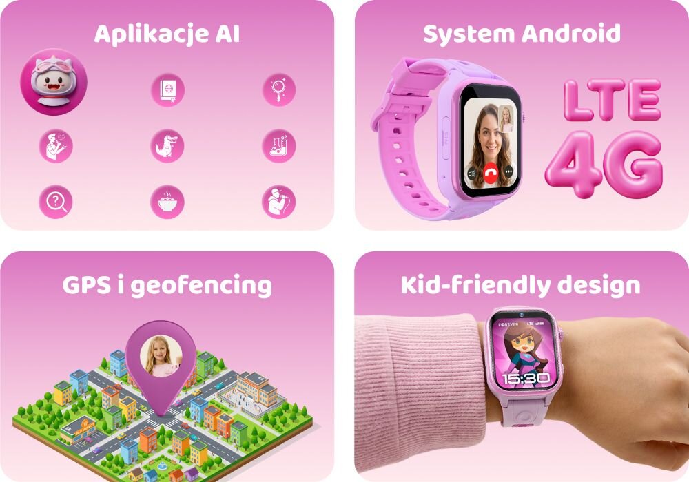 FOREVER Kids KW-540 smartwatch dziecięcy GPS kontakt lokalizacja nauka AI