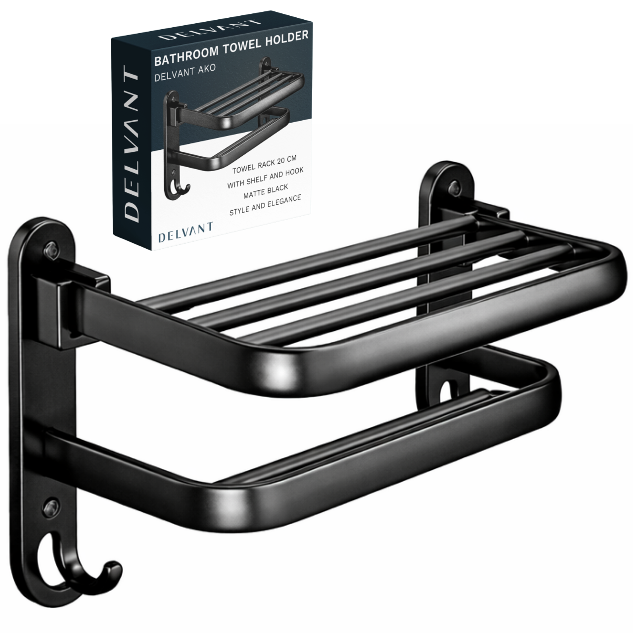 Czarny wieszak łazienkowy na ręczniki z półką i uchwytem ściennym. Obok znajduje się pudełko z napisem: \'DELVANT BATHROOM TOWEL HOLDER DELVANT AKO TOWEL RACK 20 CM WITH SHELF AND HOOK MATTE BLACK STYLE AND ELEGANCE\'.