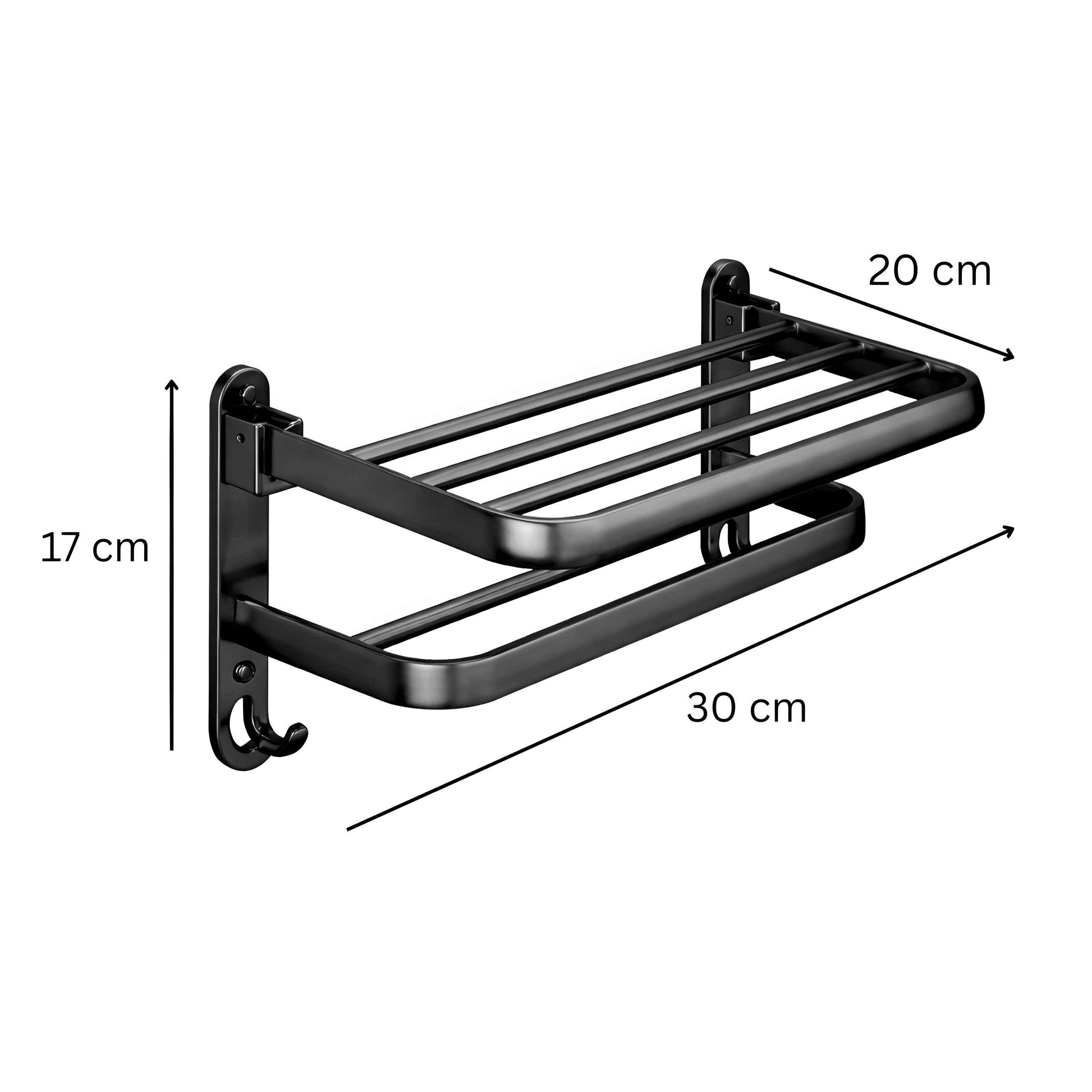 Czarny wieszak łazienkowy na ręczniki z półką i uchwytem ściennym, o wymiarach 30 cm długości, 20 cm szerokości i 17 cm wysokości. Produkt posiada dwa haczyki na dole.