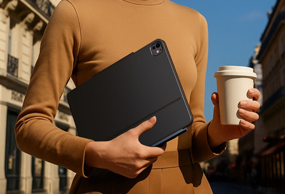 Osoba trzyma czarne etui na tablet oraz kubek z napojem, stojąc na tle miejskiej ulicy.