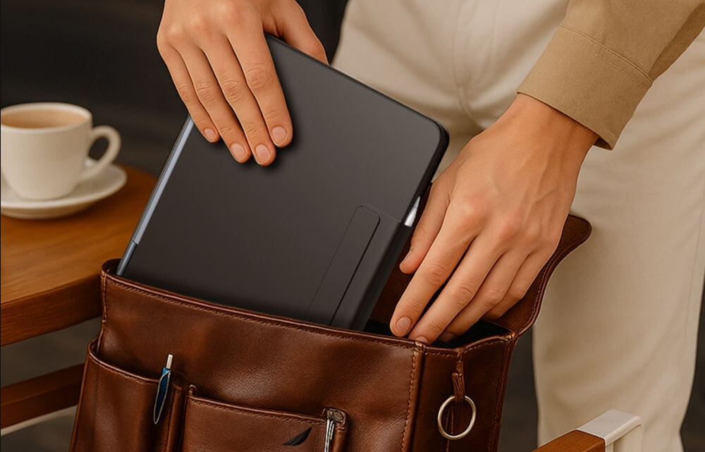 Osoba wkłada czarne etui na tablet do brązowej torby. Na stole obok znajduje się filiżanka kawy.