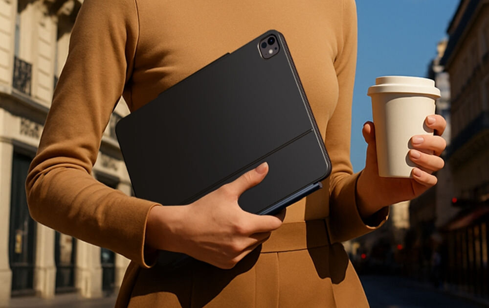 Osoba trzyma czarne etui na tablet oraz kubek z napojem. W tle widoczna jest ulica z budynkami.