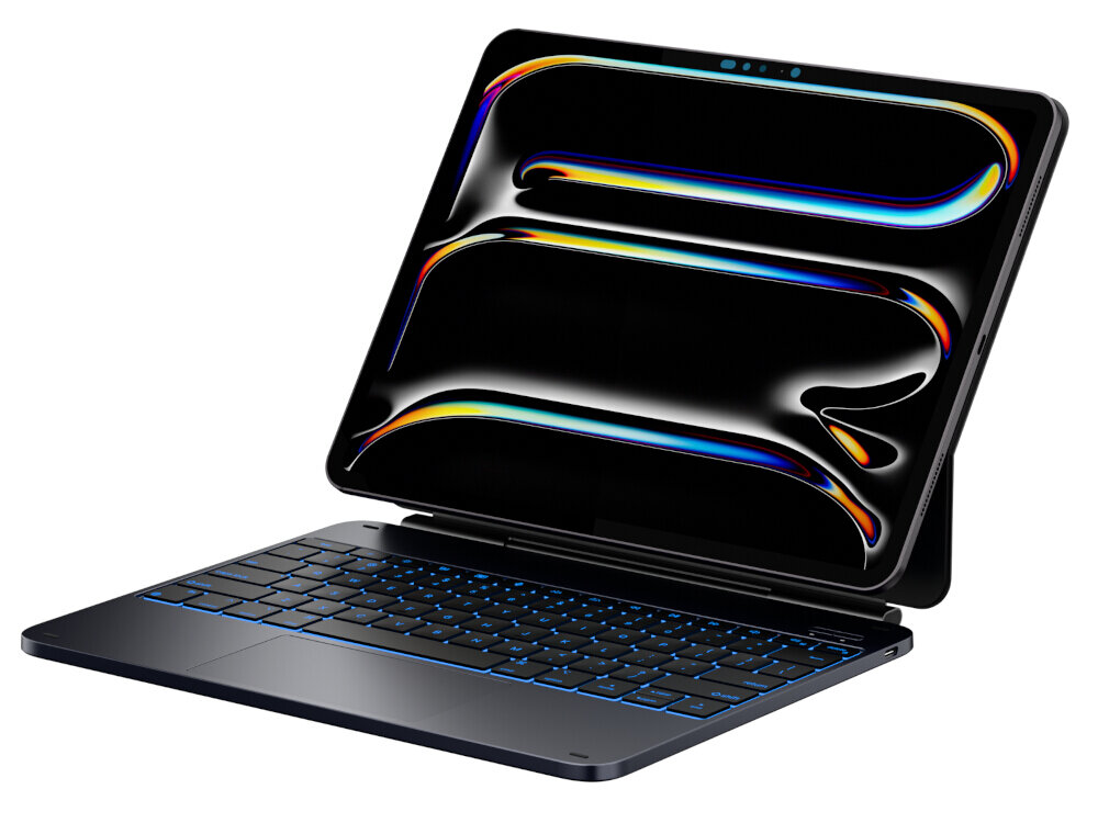 Obraz przedstawia czarne etui z klawiaturą, do którego przymocowany jest tablet z wyświetlaczem pokazującym abstrakcyjne wzory w kolorach tęczy. Klawiatura ma podświetlenie w kolorze niebieskim.