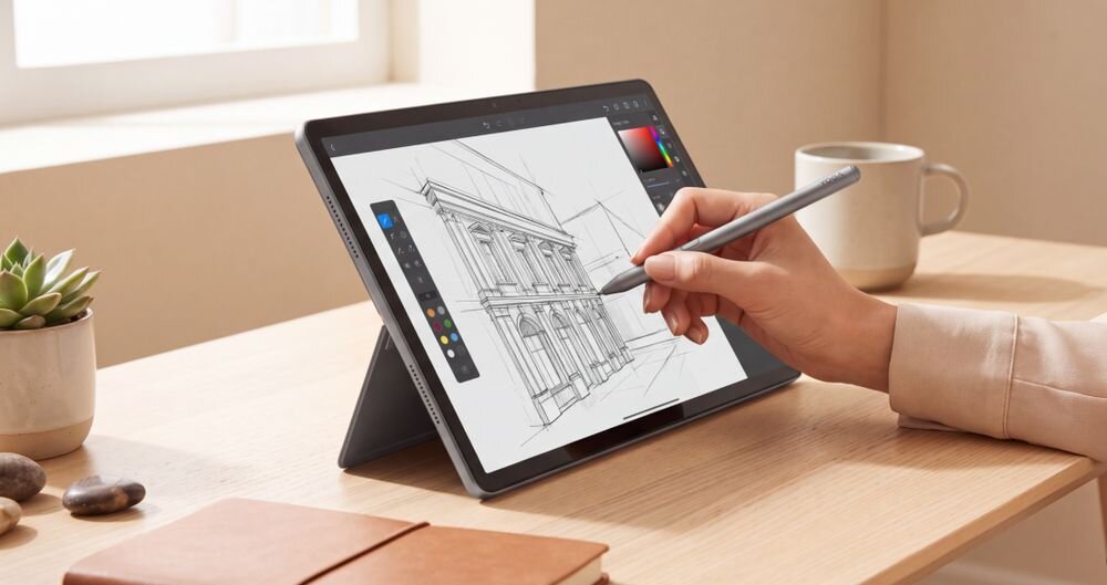 LENOVO Yoga Pen 2 - Osoba rysująca szkic architektoniczny rysikiem na opartym o podstawkę tablecie