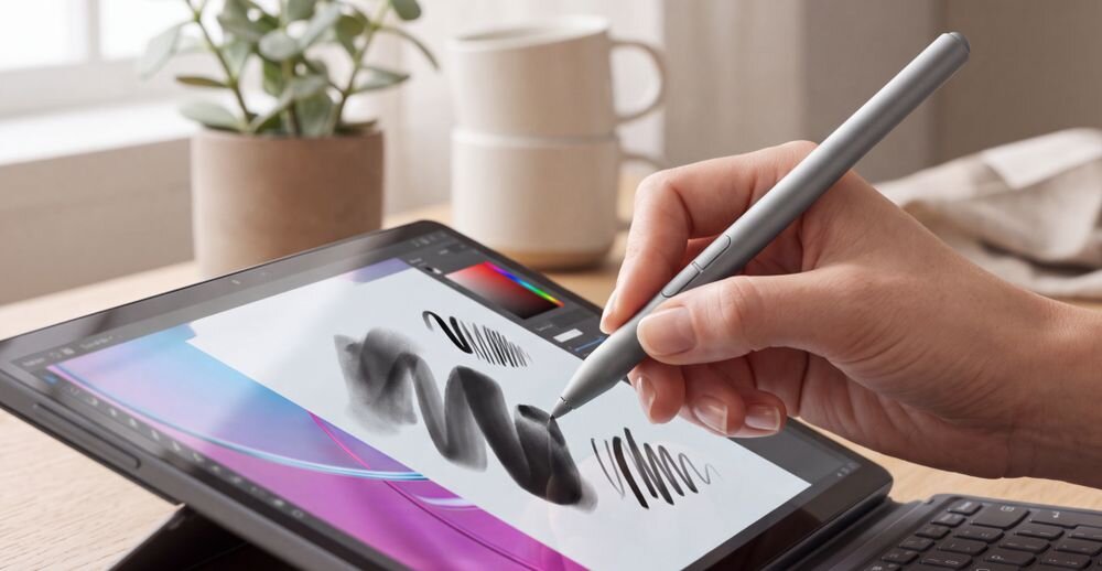 LENOVO Yoga Pen 2 Funkcja Tilt Detection nachylenie rysika Obsługa protokołów AES, WGP, MPP i USI urządzeniami Lenovo - Ręka wykonująca precyzyjny szkic rysikiem na ekranie tabletu w programie graficznym