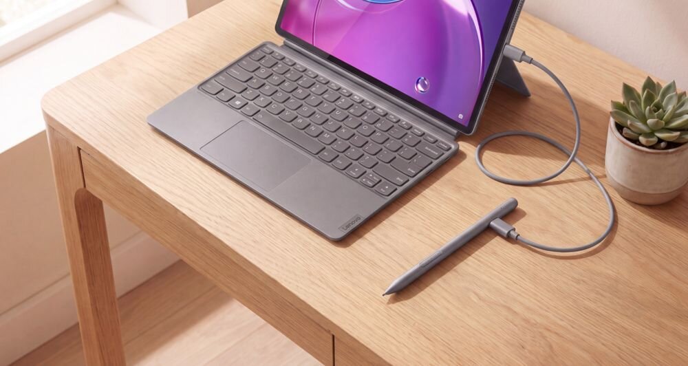 LENOVO Yoga Pen 2 Wbudowany akumulator Li-Ion ładować przez USB-C Boczne przyciski funkcji rysika automatyczne przechodzenie w tryb uśpienia - Tablet z podłączoną klawiaturą oraz rysikiem ładowanym za pomocą kabla na drewnianym biurku