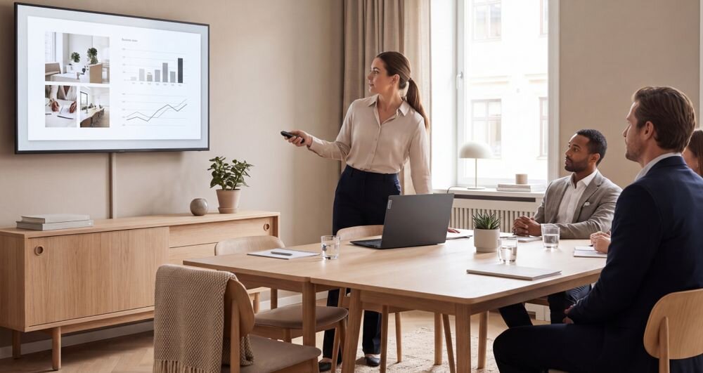 LENOVO Portable Rechargeable GXH1Q30399 - Kobieta prowadząca prezentację biznesową w jasnej sali konferencyjnej, wskazująca pilotem na ekran ścienny z wykresami przed grupą współpracowników