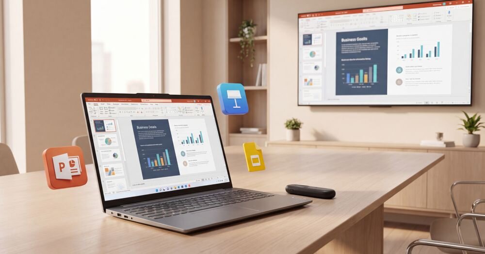LENOVO Portable Rechargeable GXH1Q30399 Microsoft PowerPoint, Apple Keynote oraz Google Slides możliwości personalizacji Lenovo Accessories and Display Manager (LADM), - Otwarty laptop na drewnianym stole z prezentacją na ekranie oraz unoszącymi się wokół ikonami programów biurowych