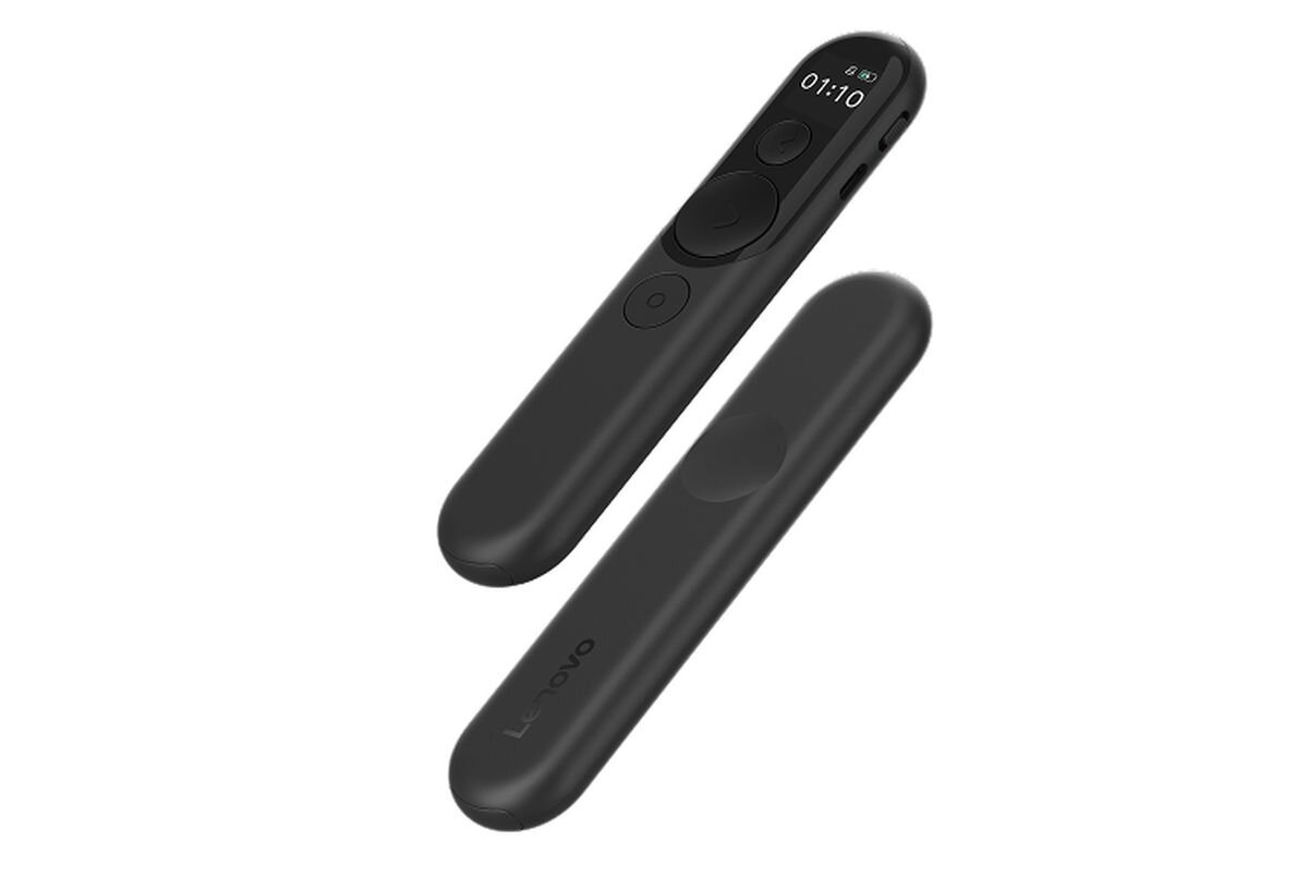 Na obrazie widoczne są dwa czarne prezenter laserowe marki Lenovo. Jeden z nich ma wyświetlacz pokazujący \'01:10\'.