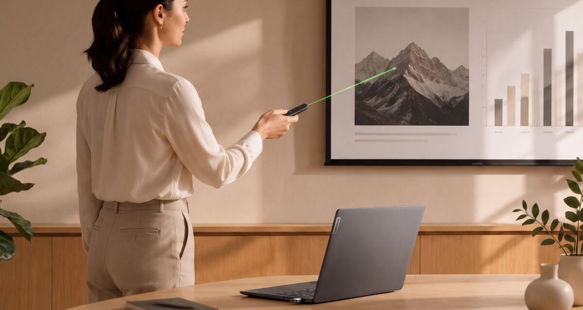 Osoba w jasnej koszuli używa wskaźnika laserowego, wskazując na wykres i zdjęcie gór na ścianie. Na stole znajduje się otwarty laptop z widocznym logo producenta.