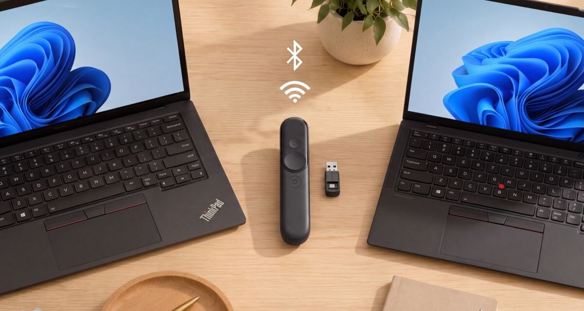 Na drewnianym stole znajdują się dwa laptopy z logo ThinkPad, pomiędzy nimi leży czarny prezenter oraz mały odbiornik USB. Nad prezenterem widoczne są ikony Bluetooth i Wi-Fi.