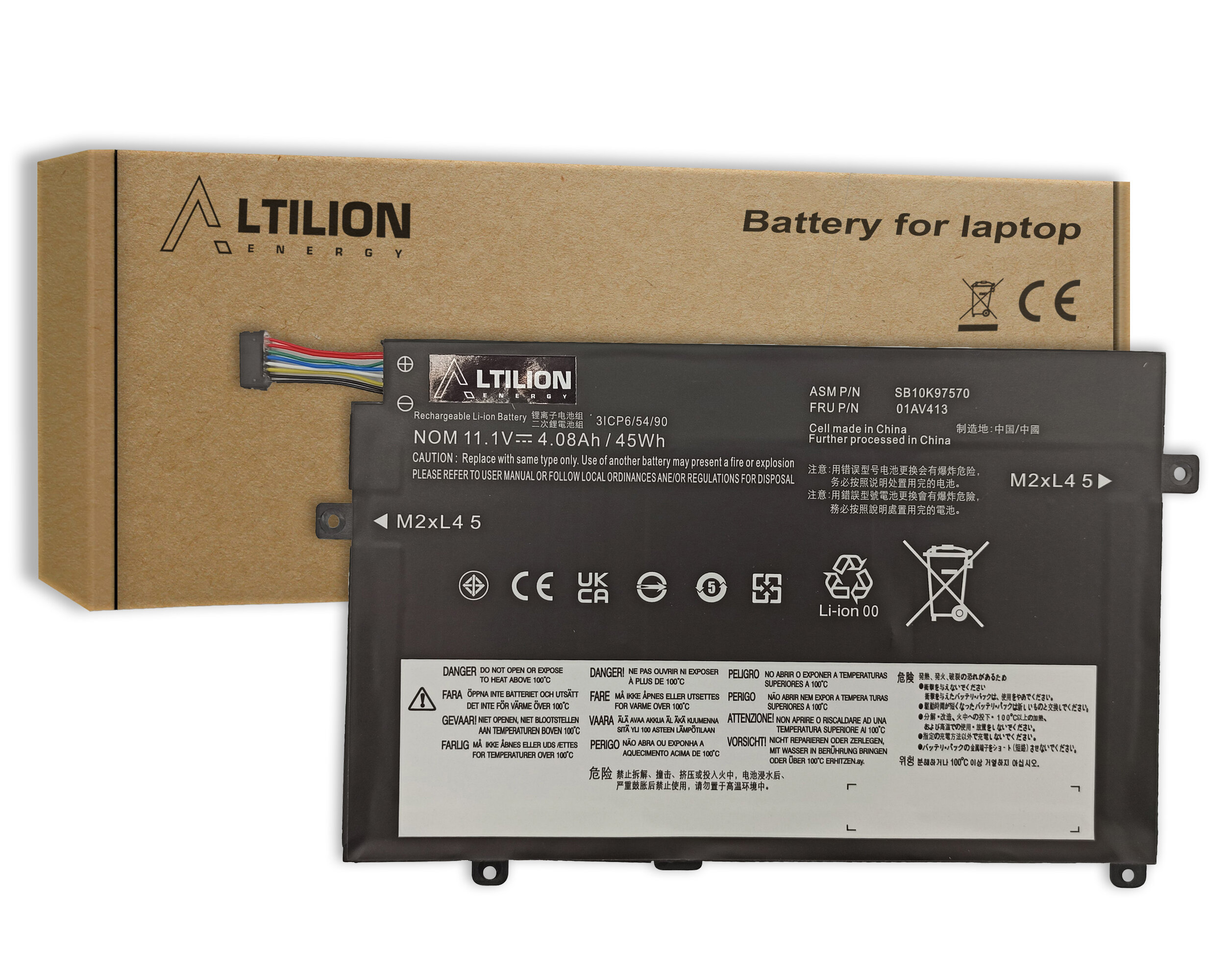 Na obrazie widoczna jest bateria Altilion Energy z oznaczeniami technicznymi, leżąca na kartonowym opakowaniu z napisem \'Battery for laptop\'.