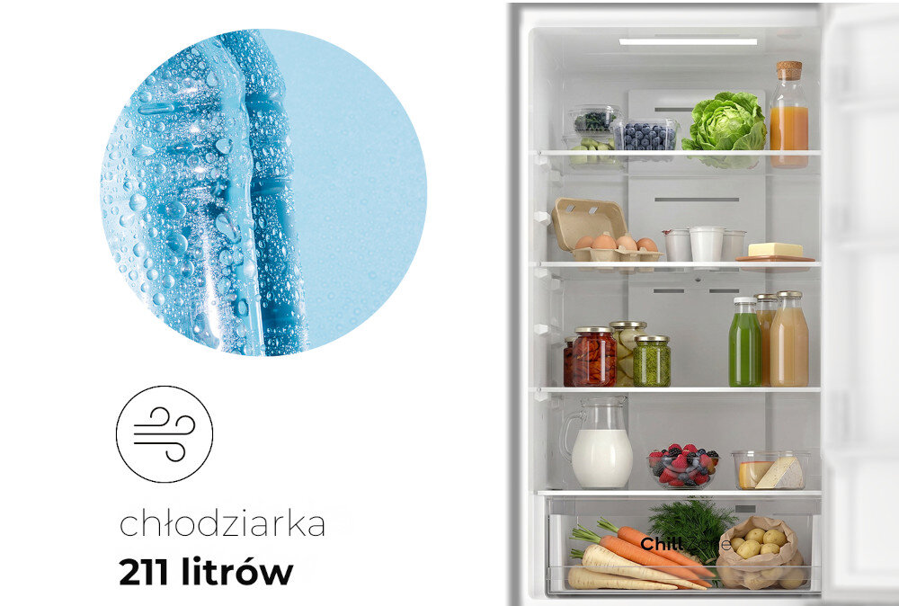 Obraz przedstawia wnętrze lodówki z różnymi produktami spożywczymi, takimi jak warzywa, owoce, soki i nabiał. Obok znajduje się grafika z napisem \'chłodziarka 211 litrów\' oraz symbol przypominający wiatr.