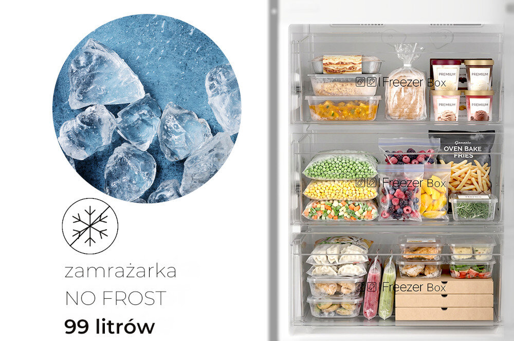 Po lewej stronie znajduje się okrągłe zdjęcie kostek lodu na niebieskim tle oraz tekst: \'zamrażarka NO FROST 99 litrów\'. Po prawej stronie widoczna jest otwarta zamrażarka z różnymi produktami spożywczymi w przezroczystych pojemnikach i woreczkach oznaczonych jako \'Freezer Box\'.