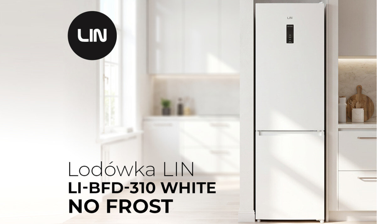 Biała lodówka z logo LIN na drzwiach, umieszczona w jasnej kuchni. Tekst na obrazie: \'Lodówka LIN LI-BFD-310 WHITE NO FROST\'.
