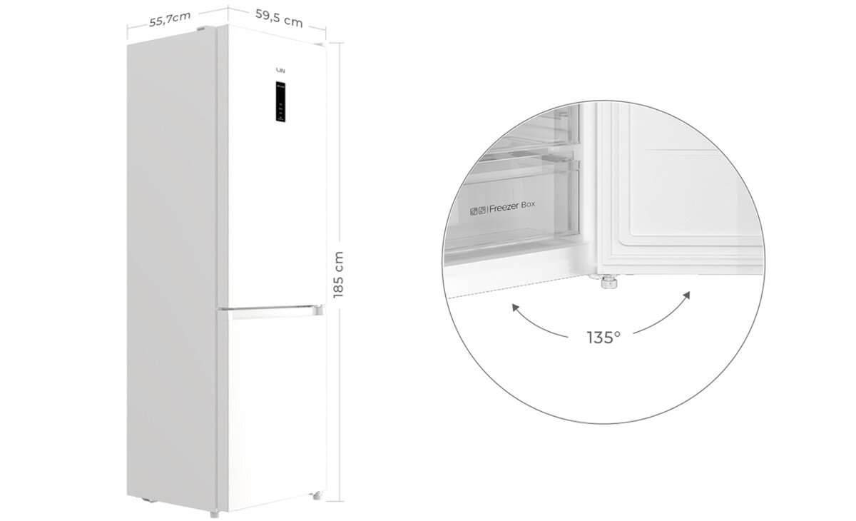Biała lodówka o wysokości 185 cm z wyświetlaczem na drzwiach i zamrażalnikiem na dole. Widoczny jest kąt otwarcia drzwi 135° oraz napis \'Freezer Box\'.