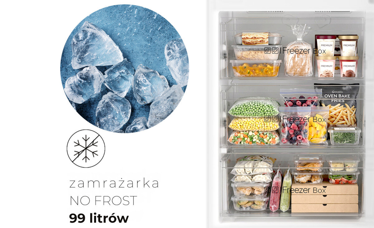 Obraz przedstawia zamrażarkę z technologią NO FROST o pojemności 99 litrów, z widocznymi kostkami lodu oraz różnorodnymi produktami spożywczymi w przegródkach oznaczonych jako Freezer Box.